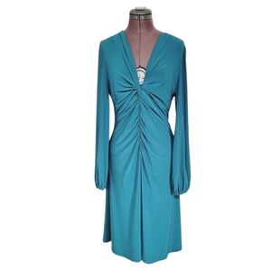 SZ12 Joseph Ribkoff Turquoise Long Sleeve Dress V Neck Ruching